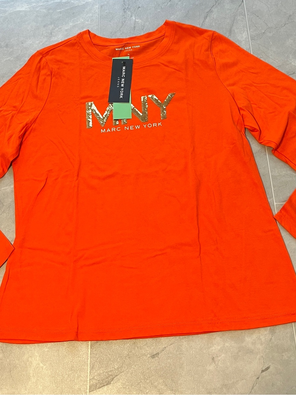 Marc New York Orange Tee size PL with Metallic Gold Logo Cotton Modal new